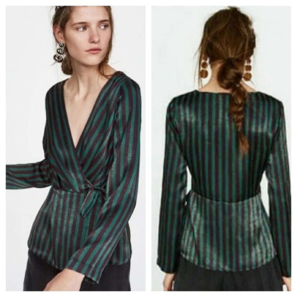 Zara Satin Striped Wrap Blouse